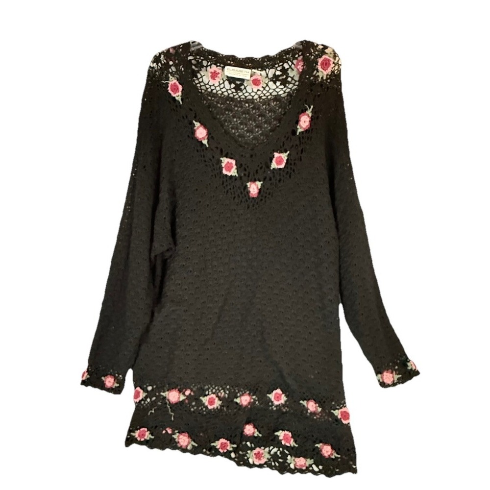 VTG Elisabeth Liz Claiborne Hand Crochet Floral Sweater Tunic 90 Boho Dress Rose